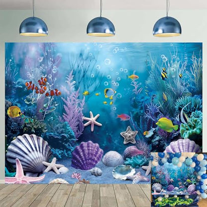 Under the Sea Backdrop Summer Tropical Fish Coral Ocean Underwater World Photography Background Ocean Aquarium Themed Baby Shower Birthday Party Banner Decorations Photo Booth Props 8x6FT - size: 8x6FT