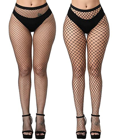 E-Laurels Womens High Waist Patterned Fishnet Tights Suspenders Pantyhose Thigh High Stockings Black - color: Black 2 Pcs M+l