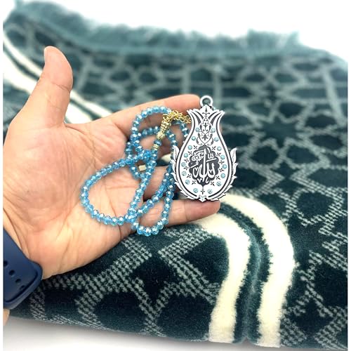 Modefa Muslim Prayer Rug - Large Plush Velvet - Andalus Teal Blue | For Islamic prayers, salah. For men or women; thick plush soft praying mat - color: Blue