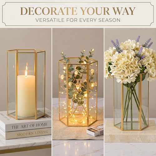 Glass Hurricane Candle Holder, Set of 3 Large Clear Hexagon Lanterns Pillar Candle Lantern with Gold Metal Frame Wedding Centerpiece Table Decor Home Decorations