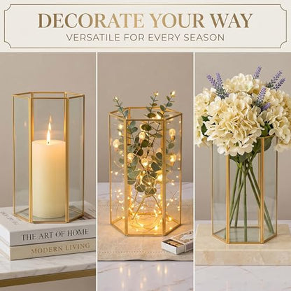 Glass Hurricane Candle Holder, Set of 3 Large Clear Hexagon Lanterns Pillar Candle Lantern with Gold Metal Frame Wedding Centerpiece Table Decor Home Decorations