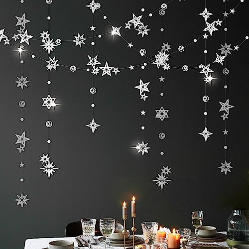 Cheerland Silver Star Garlands Glitter Star Party Decorations Moon Stars Garland Celestial Streamers Galaxy Birthday Decoration Hanging Stars Backdrop for EID Ramadan Christmas New Year - color: Silver