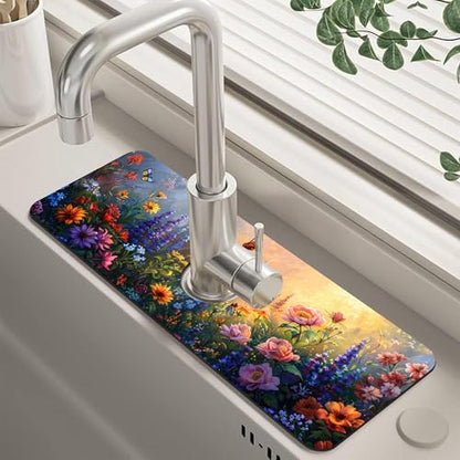 Kitchen Sink Splash Guard Faucet Mat Super Absorbent Fast Drying Mat Guard Behind Faucet Drip Catcher for Kitchen Bathroom (Flowers Bees in the Garden, 23.5"X5.5")