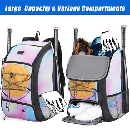 MATEIN Baseball Backpack, Softball Bat Bag with Shoes Compartment for Youth, Boys and Adult, Lightweight Baseball Bag with Fence Hook Hold TBall Bat, Batting Mitten, Helmet, Caps, Teeball Gear - color: Tie Dye, size: 47L