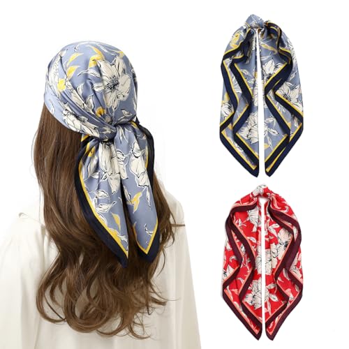 STARWHISPER 27" Square Head Scarf for Women Silk Feeling Satin Scarf Women Fashion Silk Scarf for Wrapping Hair - color: Flowers2