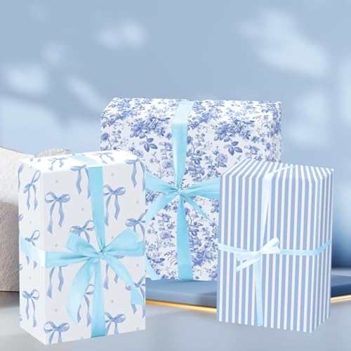 Keluna Blue Bow Gift Wrapping Paper - 12 Pcs Cute Bow Chinoiserie Art Design Gifts Wrap Paper For Valentine'S Day Boy Birthday Bachelorette Party Baby Shower Wedding Holiday - color: blue flower