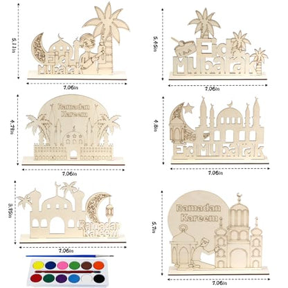 MUOUAKATE 6 Pcs Wooden Ramadan and Eid Crafts Kit, Paint Your Own Ramadan Activities for Boys Girls Ages 3-10 11 12, Ramadan Gifts for Ramadan Eid Party Supplies Class Home Table Decoration