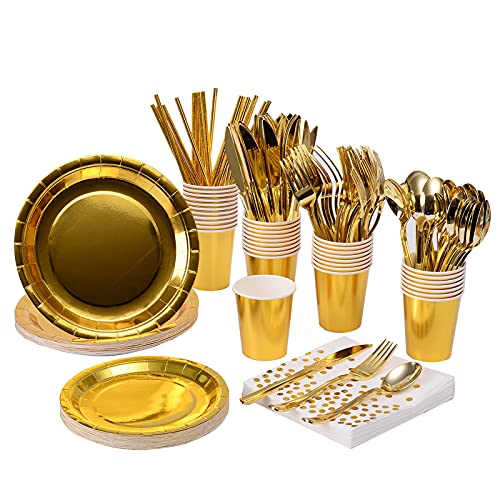 200pcs Solid Gold Party Supplies - Gold Paper Plates & Napkins, Silverware, Serves 25 Sets for Wedding, Bridal Shower, Engagement, Birthday Parties - color: Gold