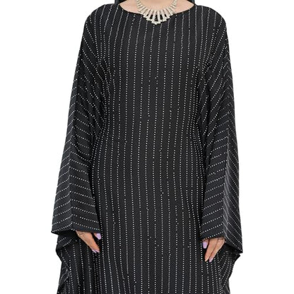 Muslim Abaya Dress 1Piece Bat Sleeve Kaftan Robe Women Islamic Maxi Dress Rhinestone Jilbab Eid Shiny Abaya(No scarf) - color: Black I