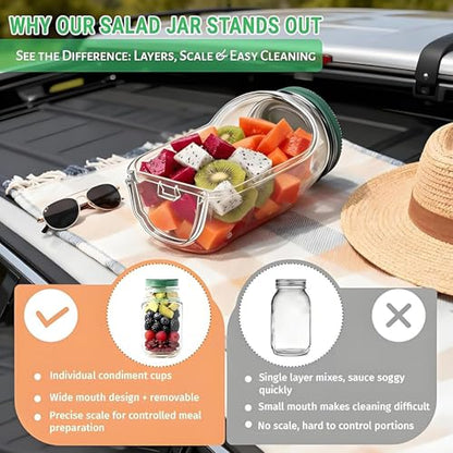 Salad Jar with Side Opening,Leakproof Portable Salad Container with Dressing Compartment,Reusable Home, Office, Travel, Outdoor Salad Container for Lunch (Green) - color: Green