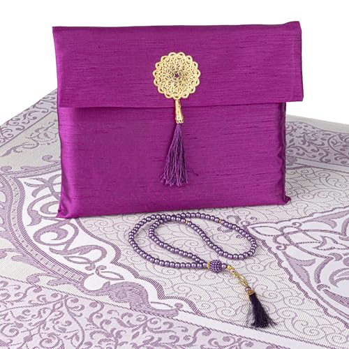 Modefa Islamic Prayer Mat Muslim Gifts - Thin Travel Muslim Prayer Rug in Taffeta Gift Bag with Tasbih Beads Prayer Matt Islam - Chenille Turkish Praying Carpet - Ramadan Gifts (Fuchsia) - color: Fuchsia
