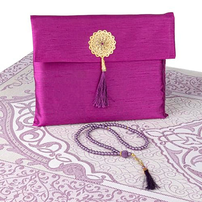 Modefa Islamic Prayer Mat Muslim Gifts - Thin Travel Muslim Prayer Rug in Taffeta Gift Bag with Tasbih Beads Prayer Matt Islam - Chenille Turkish Praying Carpet - Ramadan Gifts (Fuchsia) - color: Fuchsia