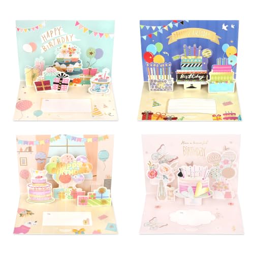 3D Pop-Up Birthday Cards – 8 Pack with Kraft Envelopes – 4 Designs - color: Birthday 3