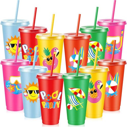 Chuangdi 12 Pcs Beach Pool Party Plastic Cups with Lids and Straws 24 oz Summer Luau Swimming Pool Themed Tumblers Drinking Cups for Beach Ball Hawaii Holiday Gifts Birthday Party Decorations Favors - style: Pool