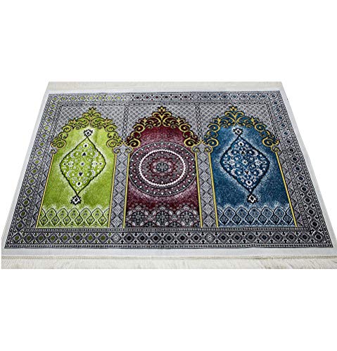 Modefa Muslim Prayer Rug - Wide Multi Person Plush Velvet Medallion 17-6 | For 3 People Praying Mat, Salah Group Carpet - color: Red/Green/Blue