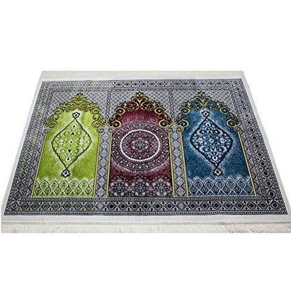 Modefa Muslim Prayer Rug - Wide Multi Person Plush Velvet Medallion 17-6 | For 3 People Praying Mat, Salah Group Carpet - color: Red/Green/Blue