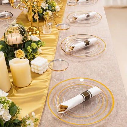 175PCS Clear Gold Plastic Dinnerware Set for 25 Guests, Fancy Disposable Plates for Party, Include: 25 Dinner Plates, 25 Dessert Plates, 25 Pre Rolled Napkins with Gold Silverware, 25 Cups - color: Clear and Gold