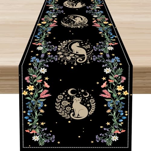 Boho Floral Moon Table Runner,Vintage Mystic Boho Cat Butterfly Moon Stars Botanical Dark Table Center Decor for Home Kitchen Dining Patio Holiday Party Indoor Outdoor Table Decorations 13x36 inch - color: Fmoon-3, size: 13x36" Table Runner