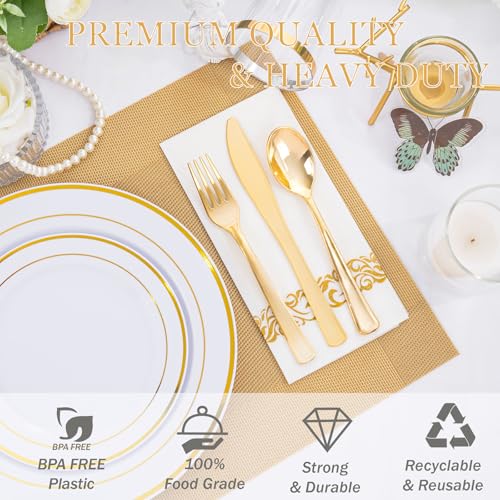 Supernal 200pcs Gold Plastic Dinnerware included 25 Party Dinner Plates 25 Dessert Plates 25 Disposable Cups and 25 Paper Napkins Disposable 25 Spoons 25 Knives 50 Forks for Party and Wedding - color: 200pcs White and Gold Plastic Dinnerware