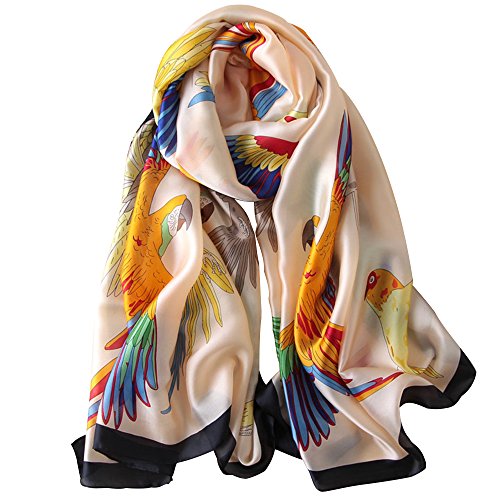Womens 100% Large Mulberry Silk Scarf Long Satin Scarf Fashion Lightweight Wraps - color: Yellow and Parrot
