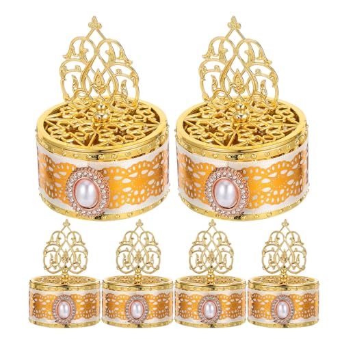 BESTonZON 6pcs Eid Mubarak Plastic Candy Favor Boxes with Lace Design, Small round Treat Containers for Ramadan Party, Wedding, and Islamic Festive Food Storage