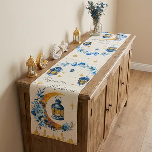 cnomg Eid Mubarak Table Runner Table Decorations 2 Pack Blue and Gold Holiday Kitchen Dining Table Runners with Moon Star and Lantern Flower for Home Party Decor 13 x 72 Inch