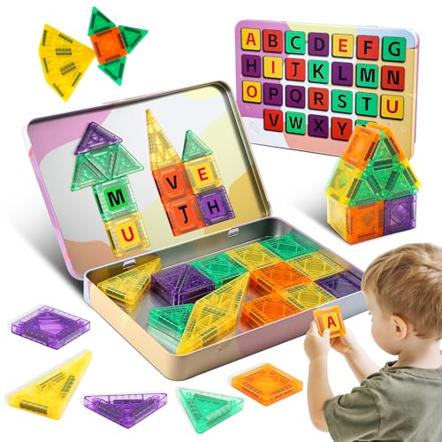 Windidi 47PCS Magnetic Tiles Travel Toys, Mini Magnetic Letters Building Blocks with ABC Alphabet Iron Case for Kids Ages 3-5 4-8, Boys & Girls STEM Educational Toys for Outdoor Airplane Car