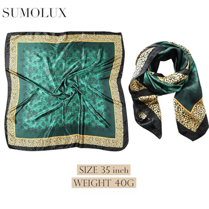 Sumolux Head Hair Scarf for Women 35" Like Satin Silk Scarf Hair Wrapping Night Bandana Large Square Scarves - color: B Dark Green Flowers