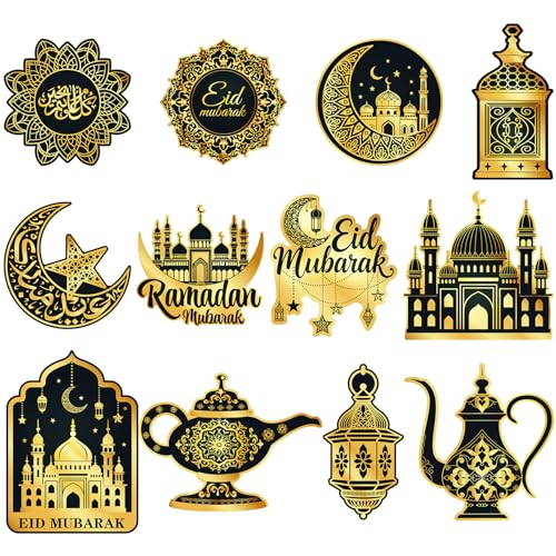 Large 11"x14" Eid Mubarak Cutouts Decorations Cardboard Cutout Set of 12, Ramadan Cutouts Wall Door Windows Decor, Muslim Islamic Mosque Castle Paper Cut Outs Decoration (Black Gold) - color: Black Gold