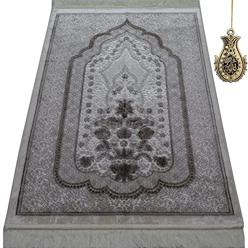 Modefa Turkish Islamic Velvet Prayer Rug - Prayer Mat Carpet for Men and Women - Traditional Muslim Janamaz Sajada - Ramadan or Eid Gift - with Car Hanger - Luxury Winter Rose (Hazelnut/Cream) - color: Hazelnut / Cream