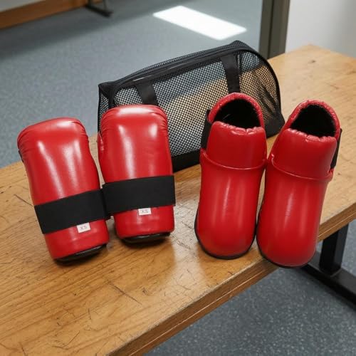 Milageto Taekwondo Guard Set Padded Foot Protectors Curved Openings Taekwondo Sparring Gloves - color: Red, size: X-Small
