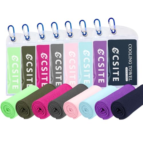 CSITE 8 Pack Cooling Towels (47"x12") for Neck and Face, Ice Towel for Hot Weather, Soft Breathable Chilly Gym Towels, Microfiber Towel for Work Out, Yoga, Running, Camping & More Activities - color: Military Green/Dark Gray/Navy Blue/Purple/Rose Red/Maca