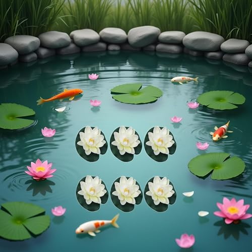 6Pcs White Artificial Floating Foam Lotus Flowers with Water Lily Pad Ornaments, Perfect for Patio Koi Pond Pool Aquarium Home Garden Wedding Party Holiday Decoration Water Gardens and Ponds