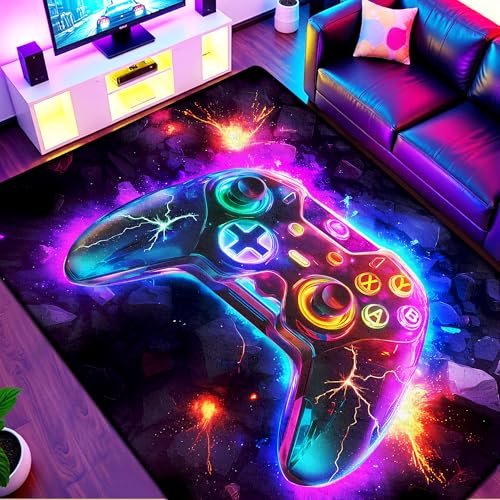 5x7 ft Neon Gaming Area Rug for Boys Room, Colorful Game Controller Carpet for Gamer Room Decor, Low Pile Non-Slip Video Game Rug for Teens Playroom or Game Zone - 03 - size: 5x7 ft