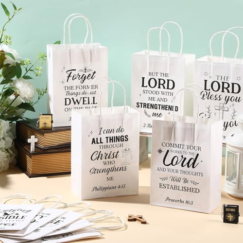 Chiisong 100 Pcs Christian Gift Bags, Fathers Day Religious Bible Verse Treat Bags with Handles Inspirational Church Scripture Bag for Women Wedding Baptism Birthday Party Favor(White with Black) - color: white with black