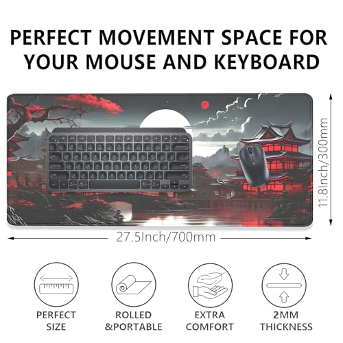 Japanese Riverside Full Moon Desk Pad Mouse Pad,Extended Large Gaming Mouse Mat with Stitched Edges,Non-Slip Waterproof Rubber Base Mousepad for Office Work Home Desk Mat(27.5X11.8 in) - color: Japanese Sunset