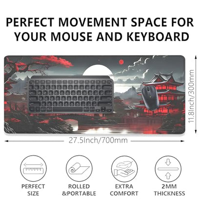 Japanese Riverside Full Moon Desk Pad Mouse Pad,Extended Large Gaming Mouse Mat with Stitched Edges,Non-Slip Waterproof Rubber Base Mousepad for Office Work Home Desk Mat(27.5X11.8 in) - color: Japanese Sunset