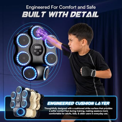 Music Boxing Machine with Gloves, Wall Mounted Punching Trainer with LED Light Up Targets, Bluetooth Rhythm Reaction Training Pad, 11 Modes & 9 Speeds for Adults & Kids Home Fitness & Stress Relief