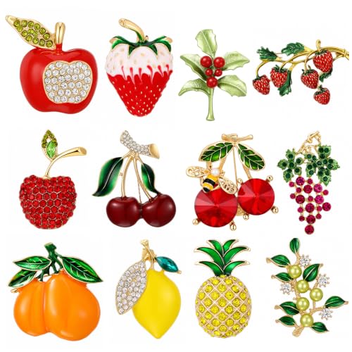 Junkin 12 Pcs Women Brooches Bulk Vintage Rhinestone Pin Set - style: Fruit