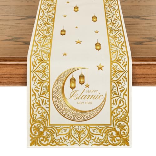 Artoid Mode Gold Moon Lantern Star Happy New Year Table Runner, Kitchen Dining Table Decoration for Home Party Decor 13x108 Inch - size: 13" x 108", Table Runner
