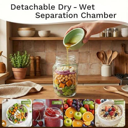 Salad Jar with Side Opening, Mason Jar Salad Leak Proof Dressing Container for Lunch with Dressing Compartment, Dishwasher Safe Meal Prep Box for Meal Prep Food Jars, Home, Office, Travel