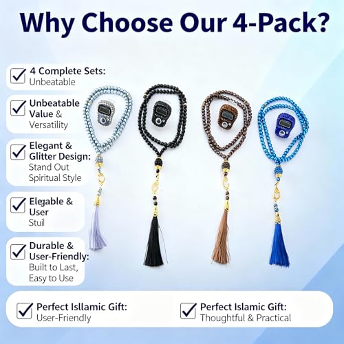 INSYOHO Islamic Prayer Beads & Glitter Tasbeeh Counter 4 Pack - Digital Finger Counter, Muslim Tasbih for Dhikr Meditation Ramadan, Elegant Islamic Gift - color: Black + Gray + Blue + Brown