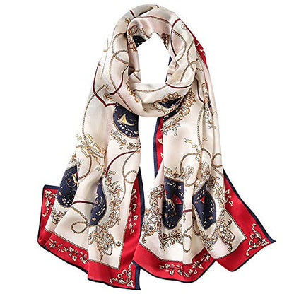 ANDANTINO 100% Silk Long Scarf-Women Large Oblong Shawls with Gift Packed - color: 1-red&navy-carriage