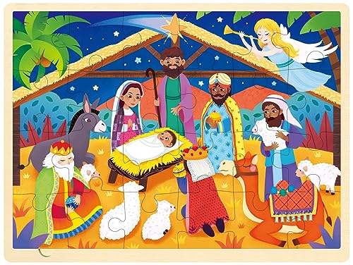 Wooden Nativity Puzzle for Kids 3 Year Old, 24 Piece Puzzles for Kids Ages 3-5 with Tray, Nativity Set Christmas Wooden Jigsaw Puzzle for Toddlers Ages 3 4 5 - style: 24 Piece