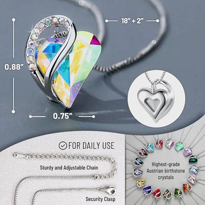 Leafael Gift Necklaces for Women, Infinity Love Birthstone Heart Crystal Pendant, Birthday Anniversary Jewelry for Wife, Mom, and Her, Silver Plated, 18" + 2" Adjustable Chain - color: 04-April-Rainbow Opal White