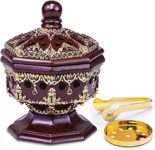 AM Lux Octagon Incense Burner – Bakhoor & Cone Holder | Charcoal Resin Burner for Frankincense, Myrrh & Aromatherapy | Decorative Mabkhara for Home, Office & Meditation Room Decor (Octagon Brown) - color: Octagon Brown