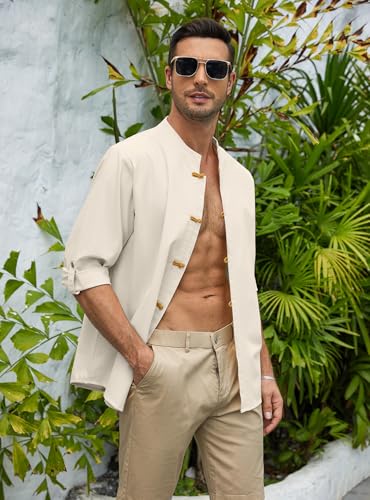 Zaitun Mens Cotton Linen Shirts Casual Buttons Down Roll-Up Sleeve Shirt Summer Chinese Style T-Shirts - color: Khaki, size: Medium