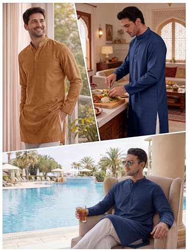 Runcati Mens Kaftan Thobe Textured Henley Shirt Long Sleeve Robe Casual Muslim Gown Shirt - color: Black, size: Medium