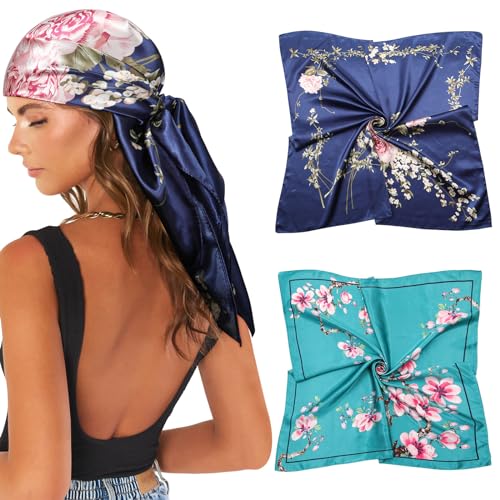 AWAYTR 35” Large Satin Square Head Scarf - 2Pcs Silk Like Floral Head Scarves Square Satin Hair Scarf Bandanas for Women - color: Flower(ha Cyan/Navy)