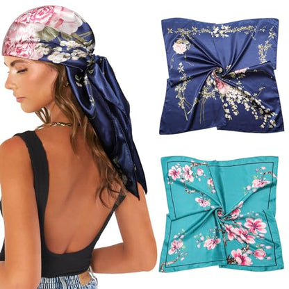 AWAYTR 35” Large Satin Square Head Scarf - 2Pcs Silk Like Floral Head Scarves Square Satin Hair Scarf Bandanas for Women - color: Flower(ha Cyan/Navy)